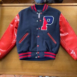 Kids Penn sports jacket navy and red. Leather sleeves. Size youth Large